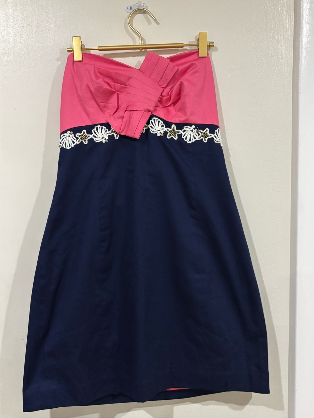 Lilly Pulitzer Strapless Pink and Navy A-Line Dress with Embroidered Waistband